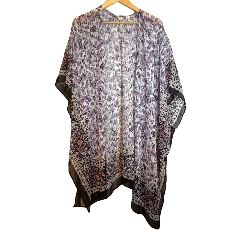 Soft Surroundings Sheer Leopard Kimono Top Womens One Size Floral Boho Purple